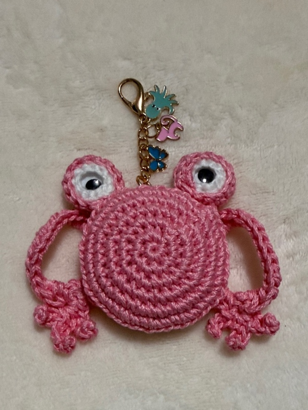 Handmade Pink Crochet Crab Keychain with Charms